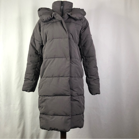 French Connection puffer coat long matte grey hood zip and snaps XS - Picture 1 of 12